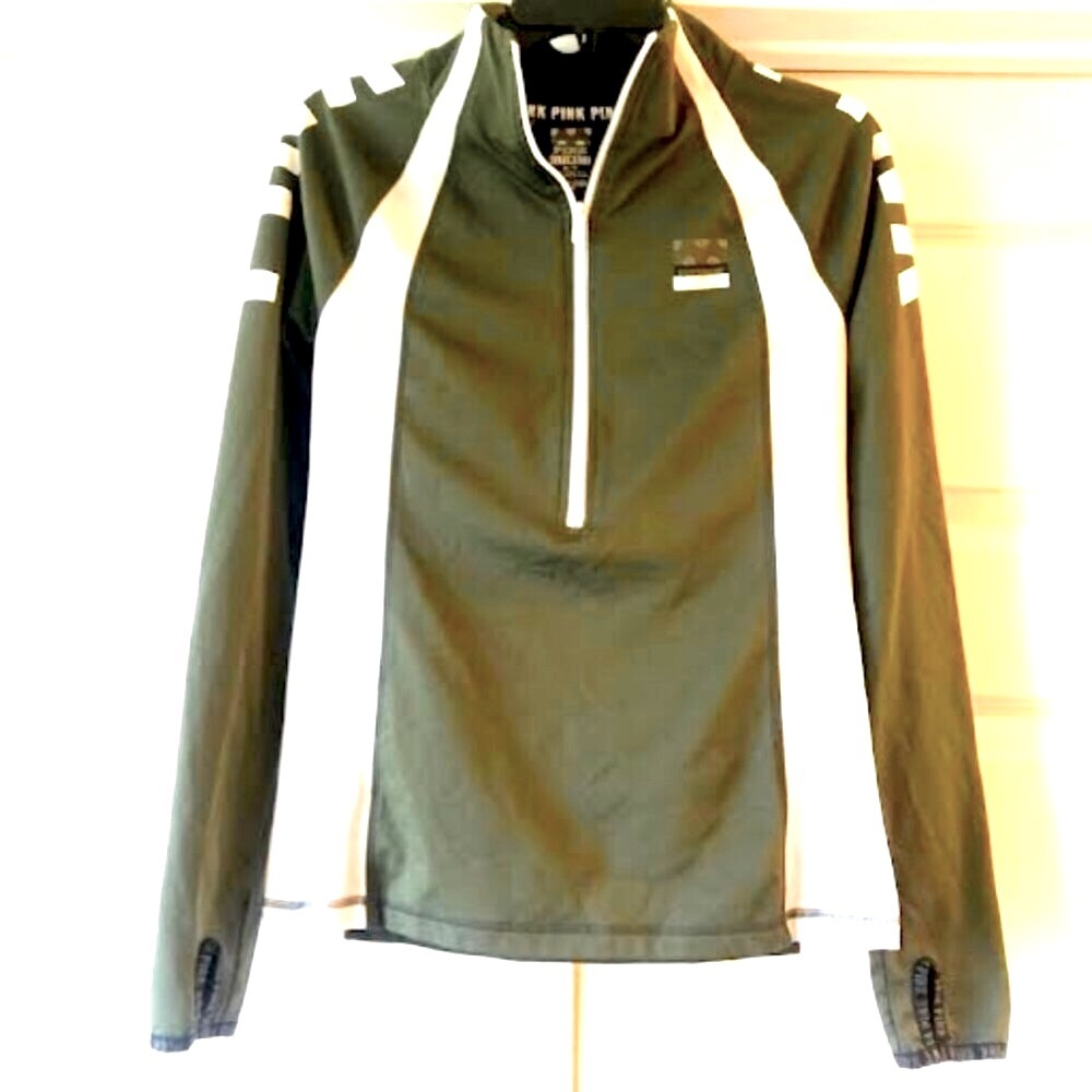 PINK VICTORIA'S SECRET Ultimate Half-Zip Pullover Top Logo Shoulders Olive XS